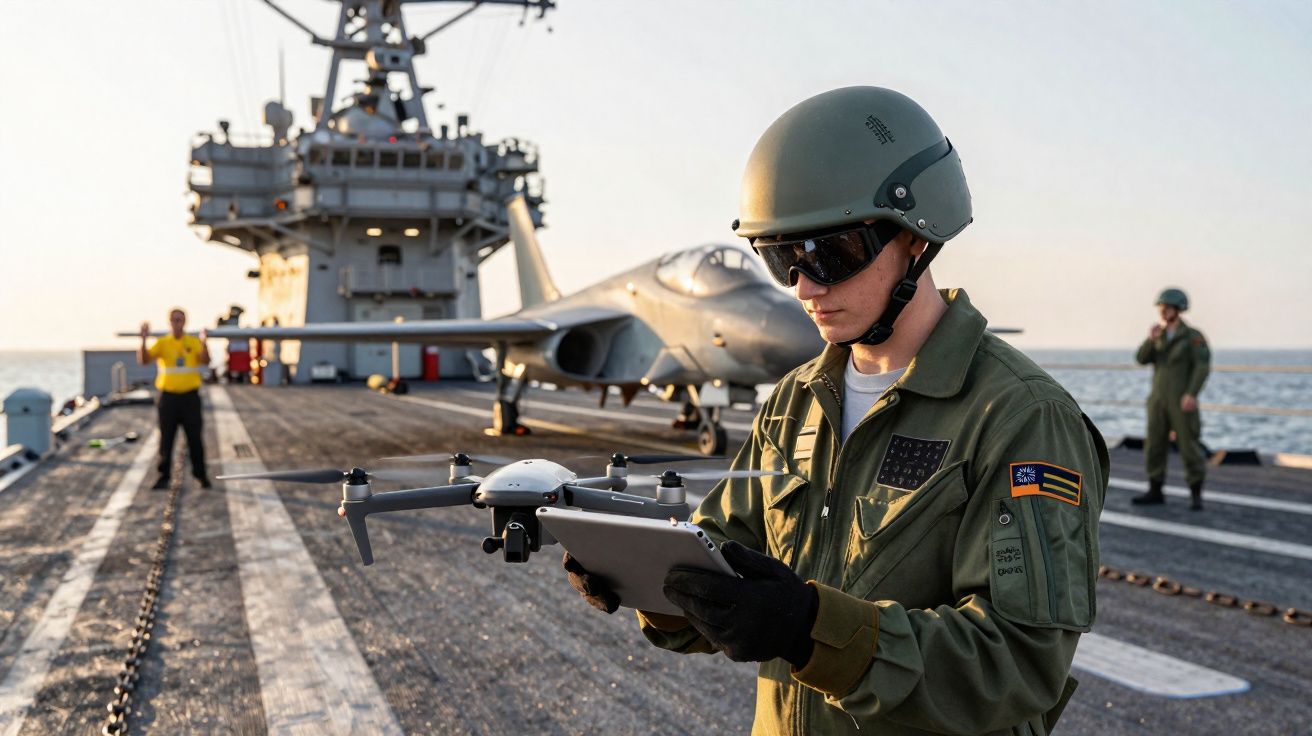 Militar a operar um drone num porta-aviões com um avião e mais dois militares ao fundo ao pôr do sol.