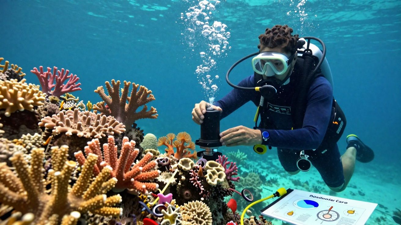 Mergulhador a fotografar coral colorido num recife subaquático com equipamento de mergulho e instrumentos científicos.