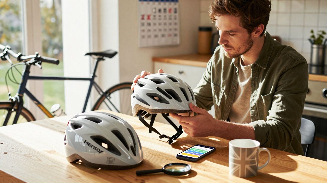 Homem sentado a examinar capacete de ciclismo com bicicletas ao fundo, mesa com objetos e luz natural.