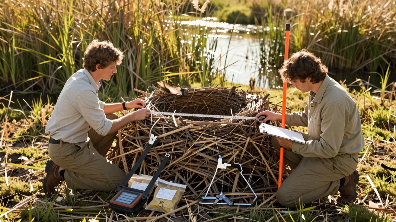 Dois homens medem e registam dados num grande ninho de aves junto a um lago com vegetação densa.