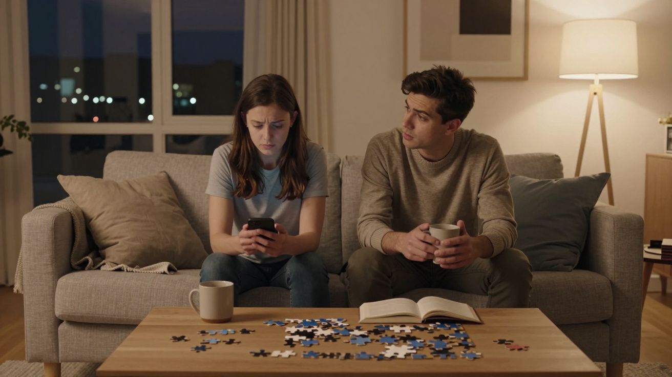 Casal sentado no sofá, mulher preocupada a olhar para o telemóvel e homem a falar, mesa com puzzle e livro.