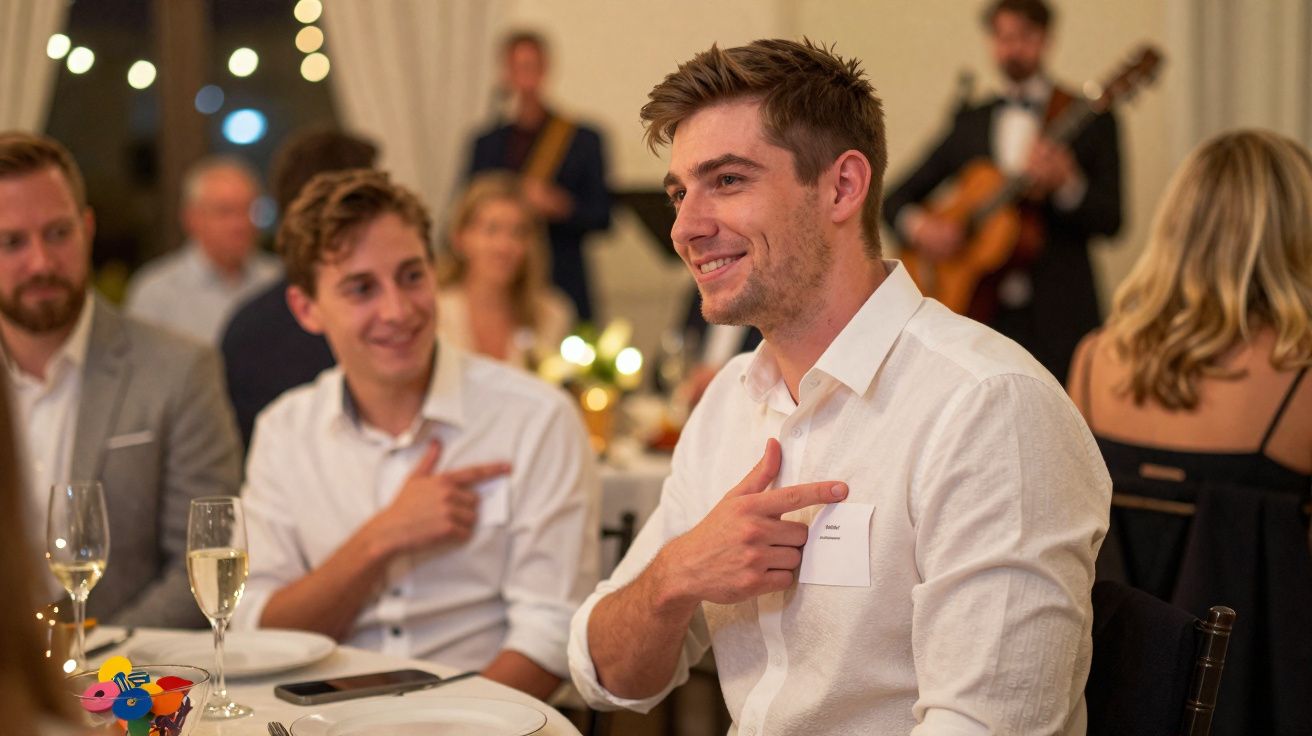 Jovem a sorrir e apontar para o nome no peito durante jantar social elegante com música ao fundo.