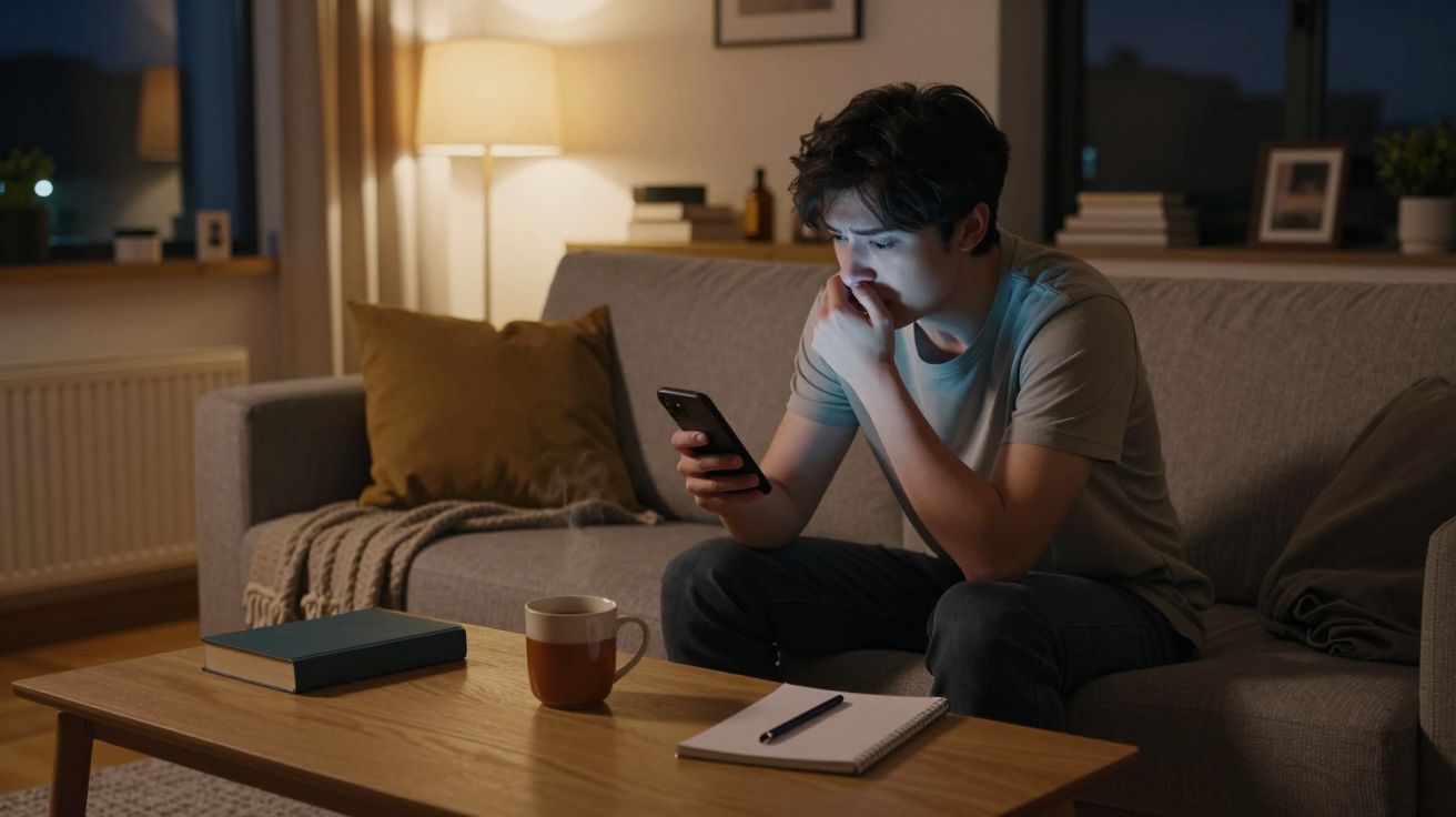 Jovem sentado no sofá a olhar para o telemóvel à noite com mesa à frente com caderno, caneta, livro e chá quente.