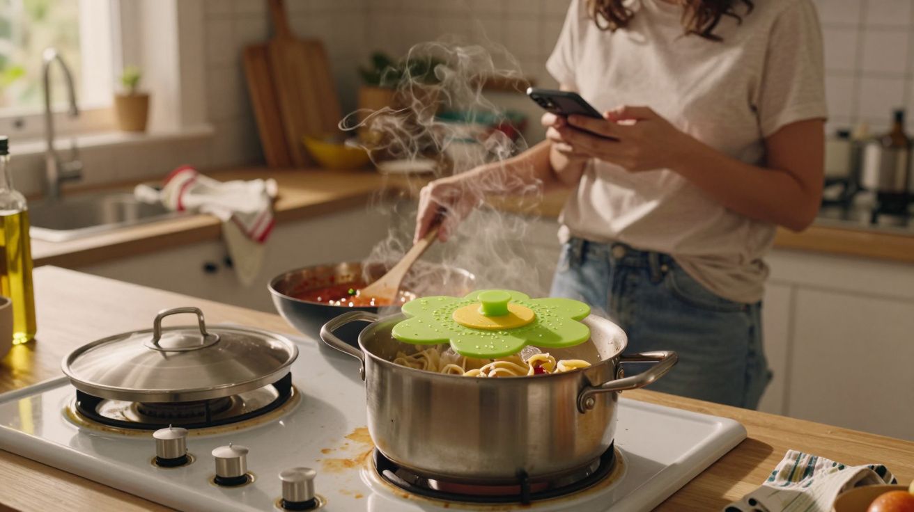 Cozinheira a usar telemóvel enquanto prepara massa numa panela a ferver na cozinha moderna.