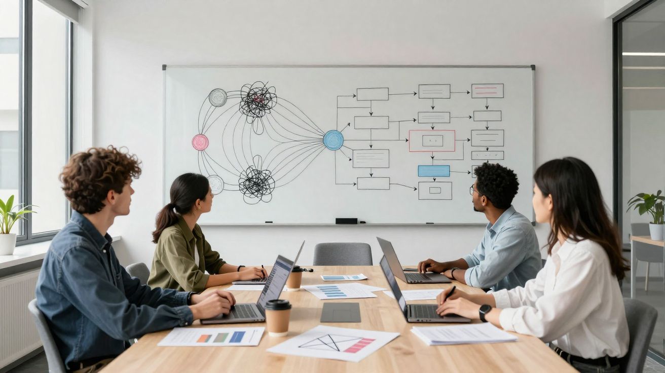 Quatro pessoas numa reunião a analisar diagramas e fluxogramas desenhados num quadro branco.
