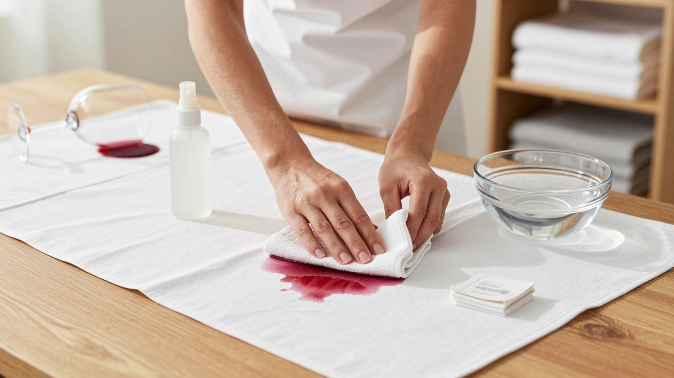 Mãos a limpar nódoa de vinho tinto num pano branco sobre uma mesa de madeira com spray e tigela de água.