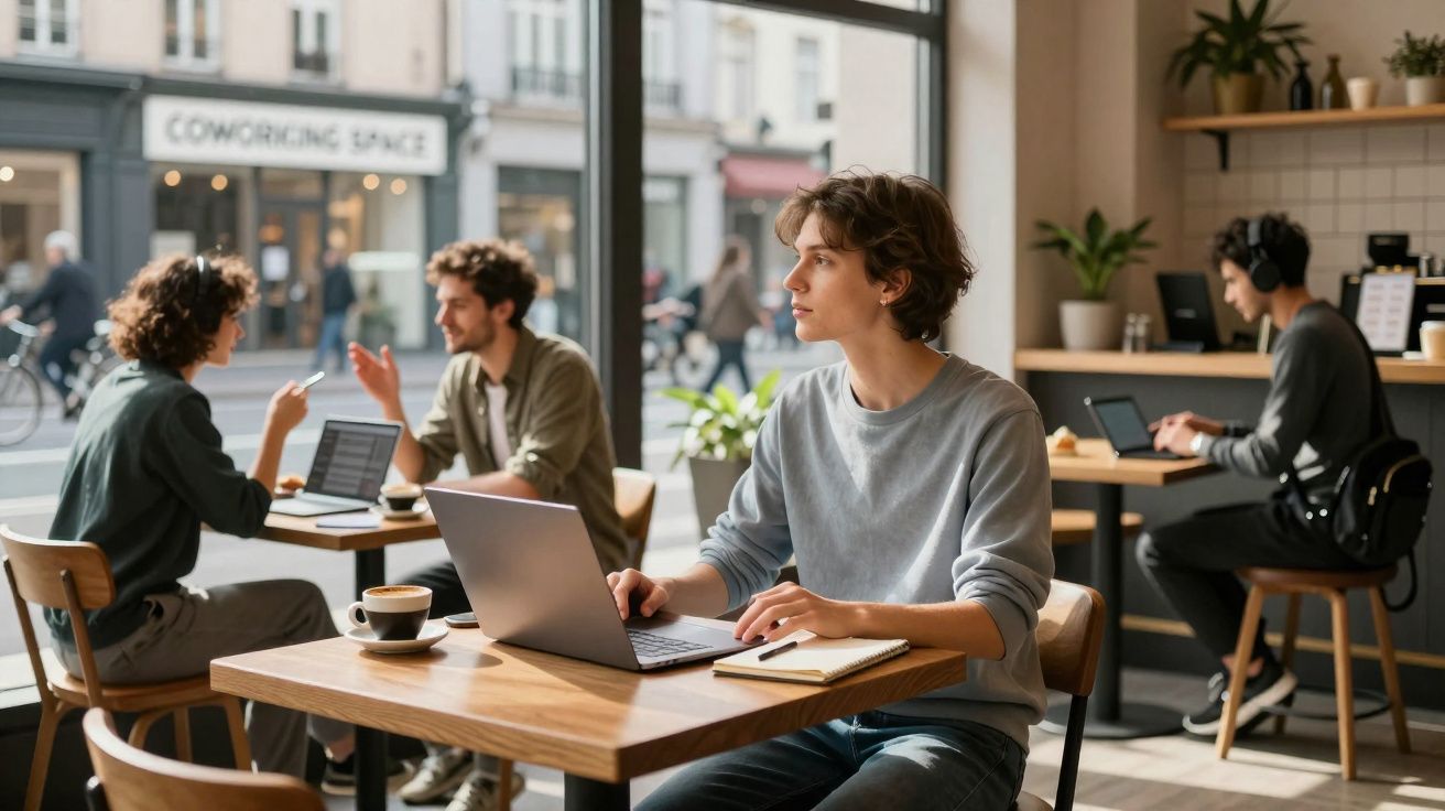 Pessoas jovens a trabalhar em computadores portáteis num espaço de coworking com ambiente moderno e luminoso.