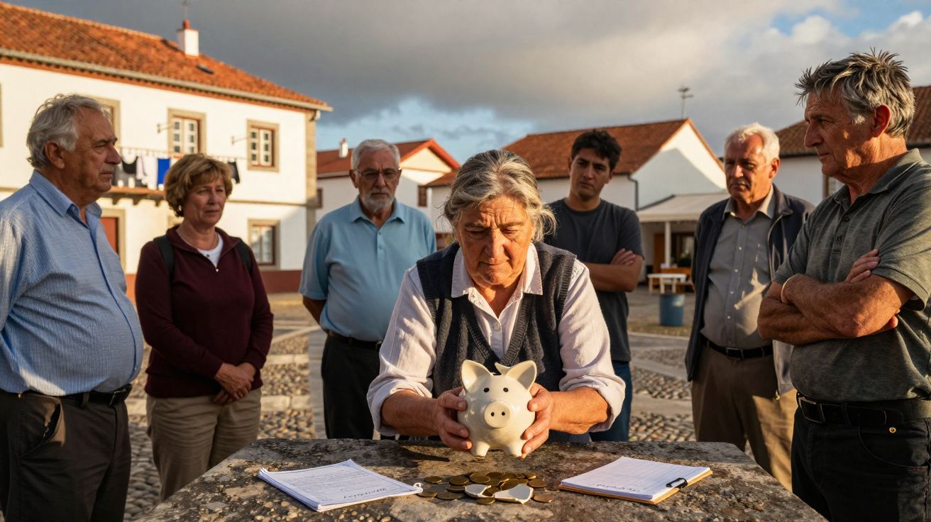 Grupo de pessoas idosas com expressão preocupada, mulher com mealheiro e moedas numa mesa ao ar livre.