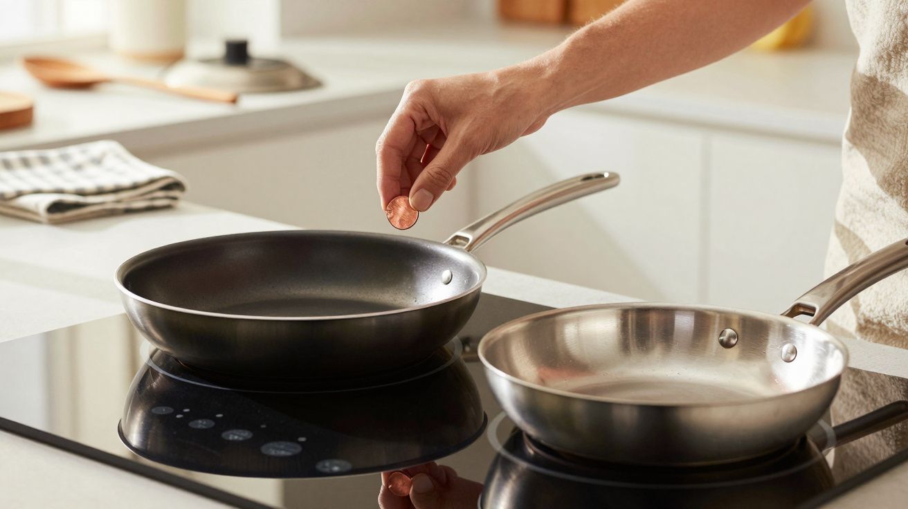 Pessoa a colocar moeda numa frigideira sobre placa de cozinha elétrica num ambiente de cozinha moderna.