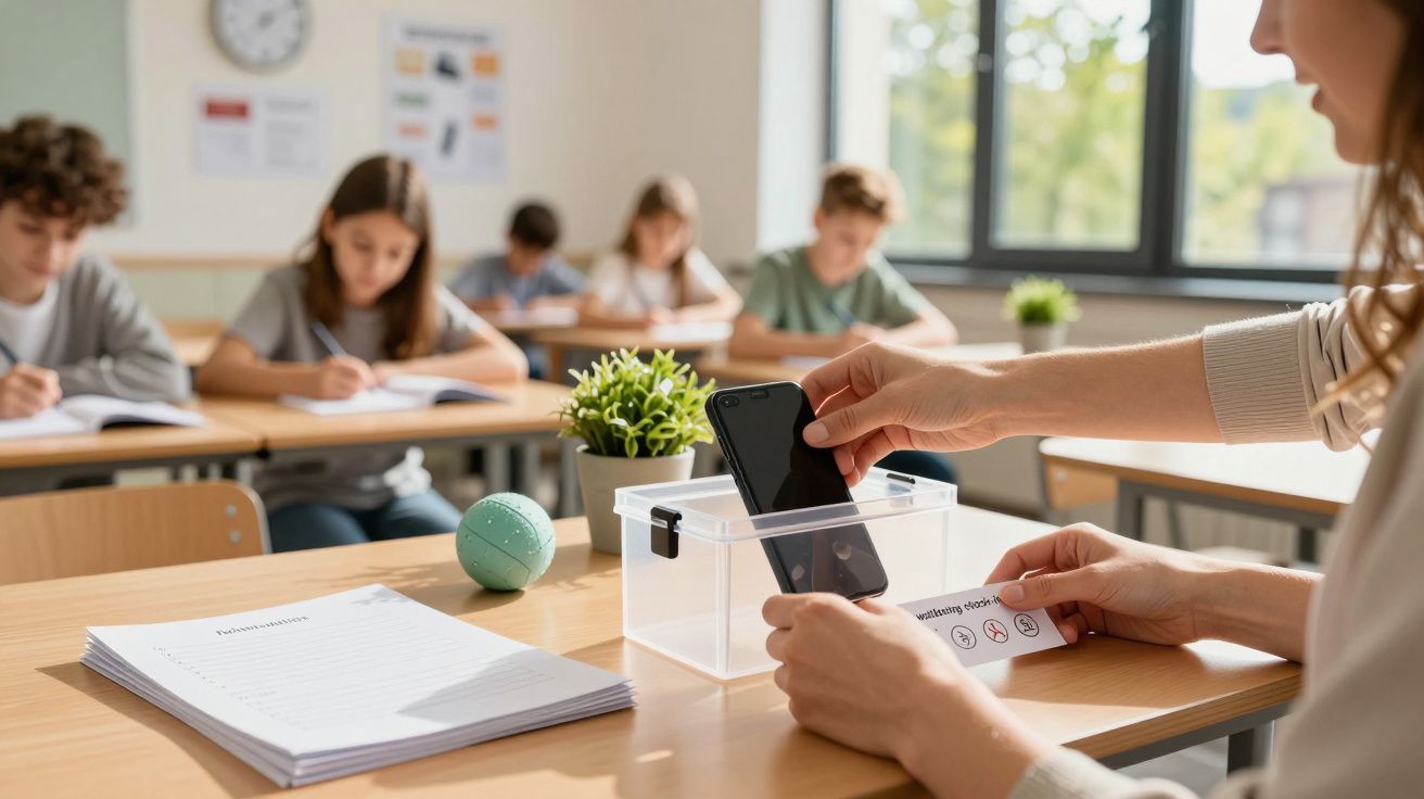 Pessoa a guardar telemóvel numa caixa transparente numa sala de aula com alunos a estudar ao fundo.