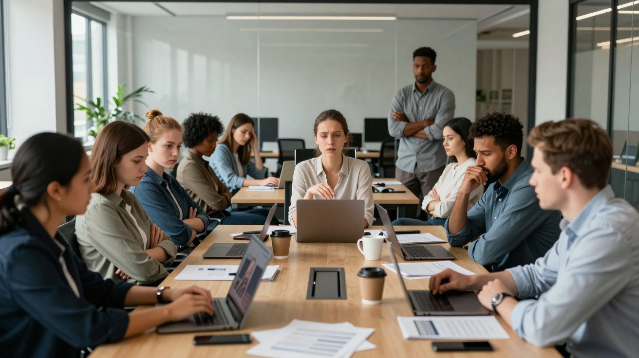 Grupo diverso de profissionais em reunião séria à volta de mesa grande com portáteis e papéis numa sala moderna de escritório