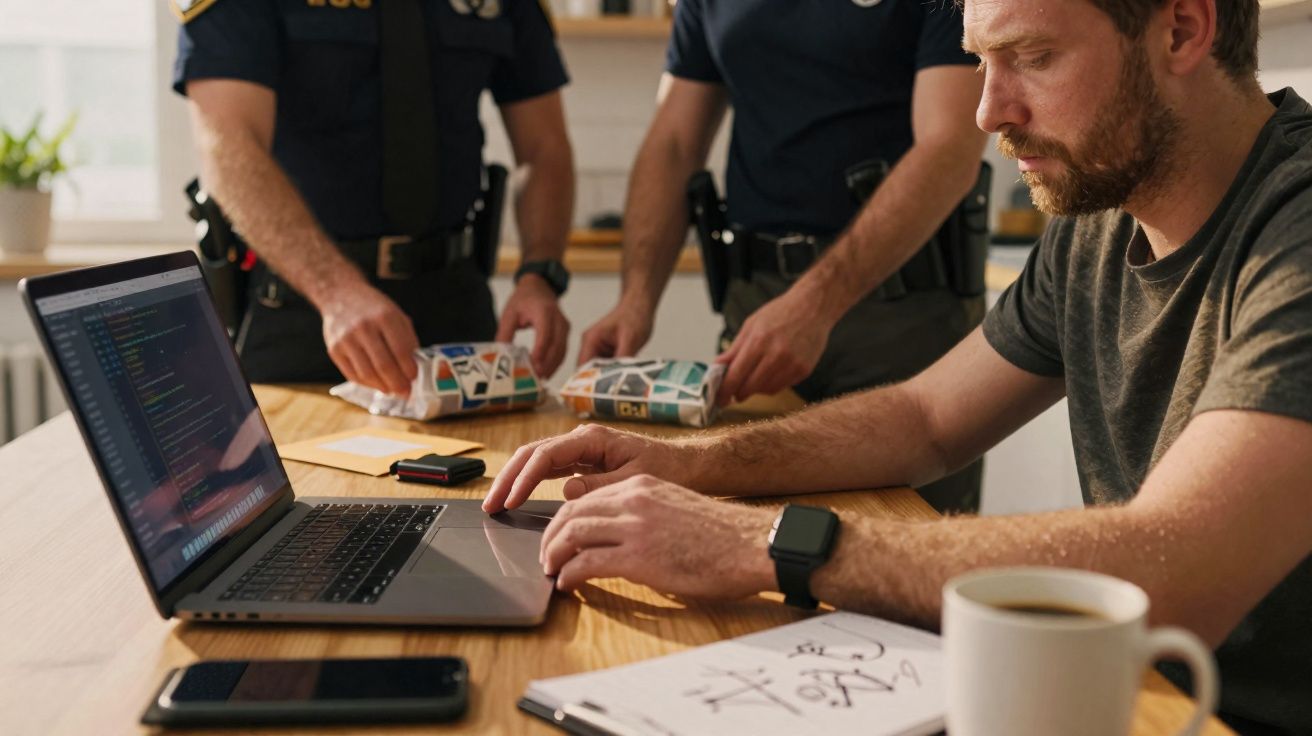 Homem a usar computador portátil numa mesa enquanto dois polícias atrás organizam pacotes numa sala iluminada.