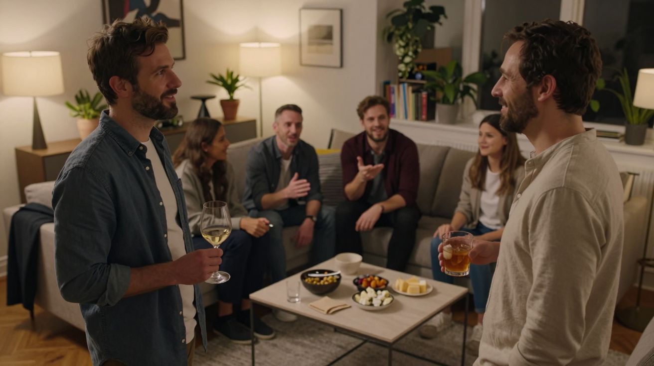 Grupo de amigos num ambiente acolhedor em sala de estar, conversando e a disfrutar de bebidas e petiscos.
