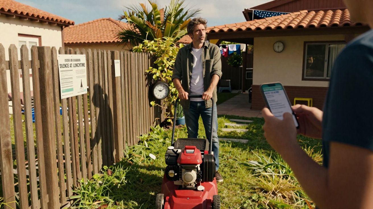 Homem a cortar a relva com corta-relva vermelho enquanto outra pessoa olha para o telemóvel.