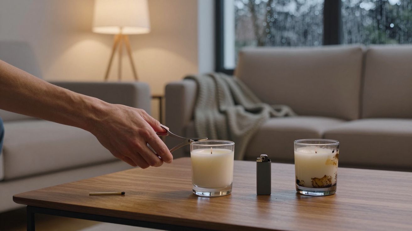 Mão a acender vela branca numa mesa de madeira numa sala com sofá, manta, abajur e janela com chuva.