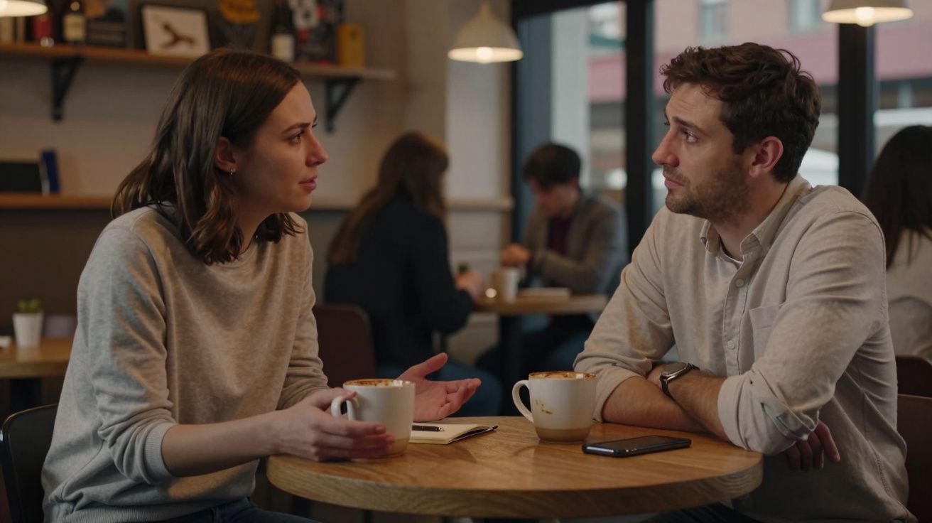 Mulher e homem conversam sentados à mesa com chávenas de café num café acolhedor.
