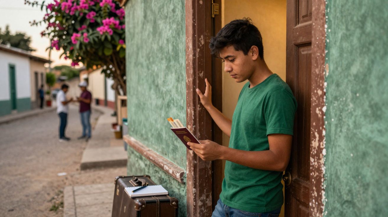 Jovem com camiseta verde lê passaporte na porta de casa com mala e caderno ao lado numa rua tranquila.