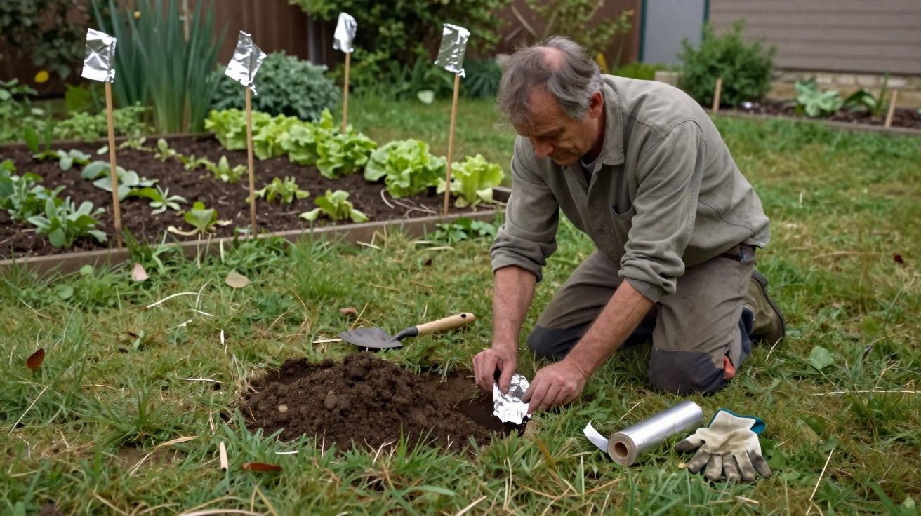 Homem idoso a colocar pedaços de papel de alumínio no solo de um jardim com plantas em canteiros.