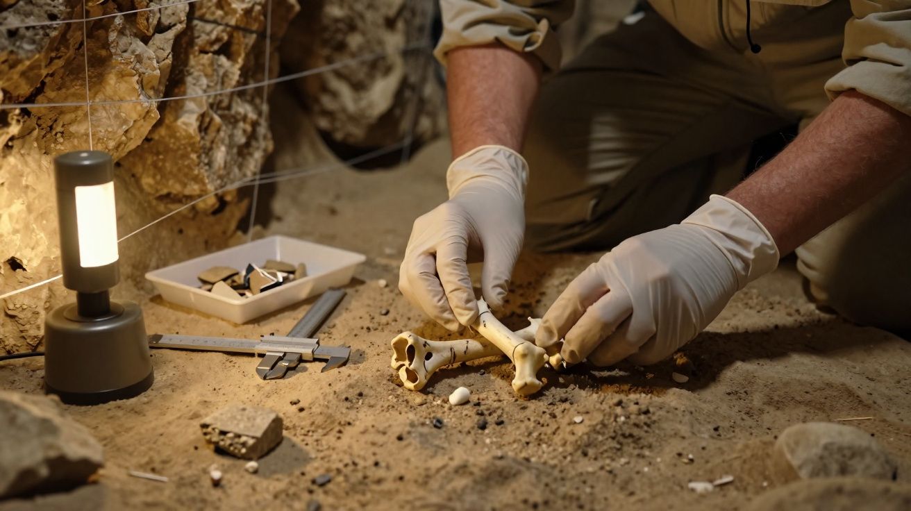 Arqueólogo com luvas a examinar ossos fósseis no chão de uma caverna, com luz e instrumentos ao lado.