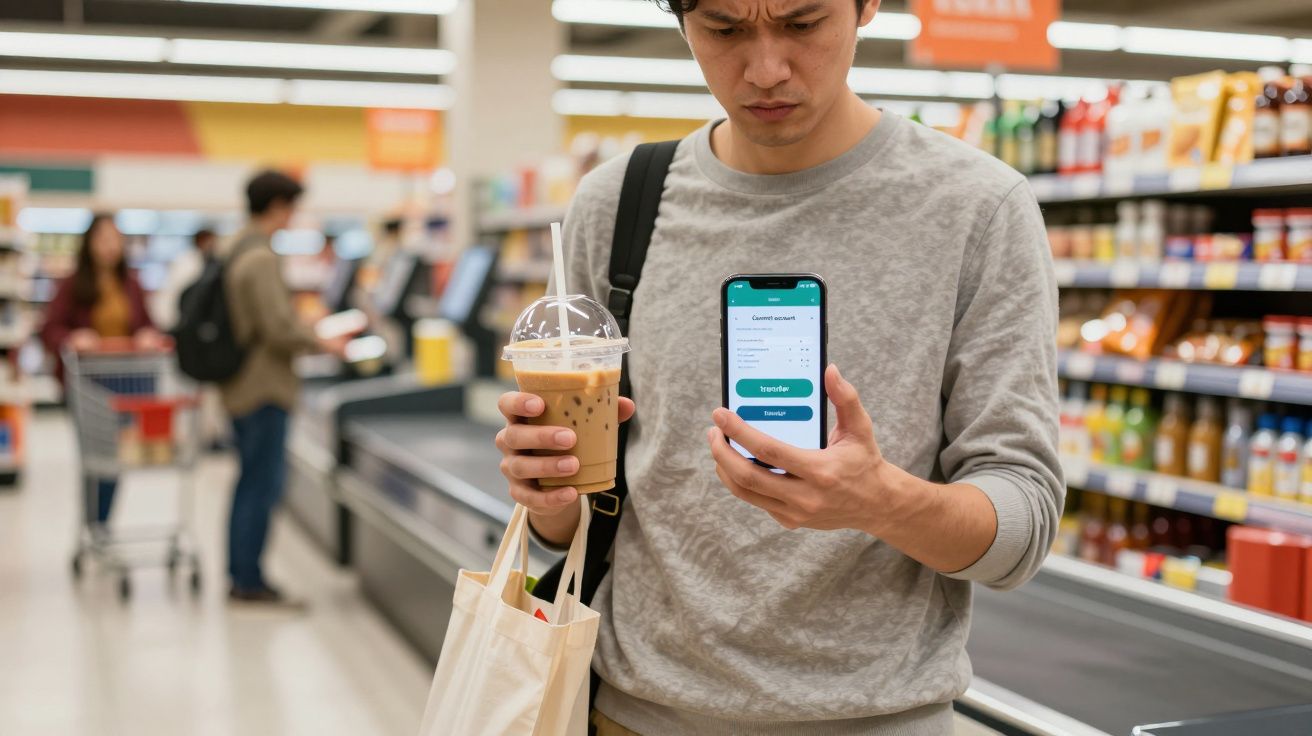 Homem num supermercado a olhar preocupado para o telemóvel enquanto segura um café gelado e um saco reutilizável.