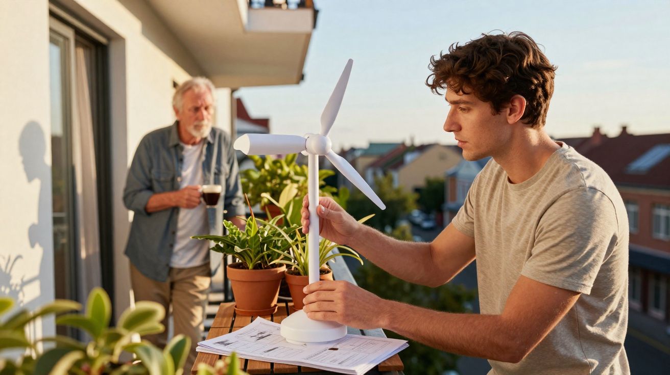 Jovem monta modelo de turbina eólica num terraço enquanto homem idoso observa com café na mão.