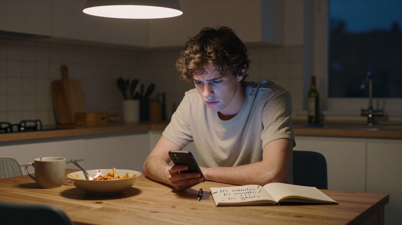 Jovem sentado à mesa da cozinha à noite, a olhar para o telemóvel, com um prato, caneca e caderno à sua frente.