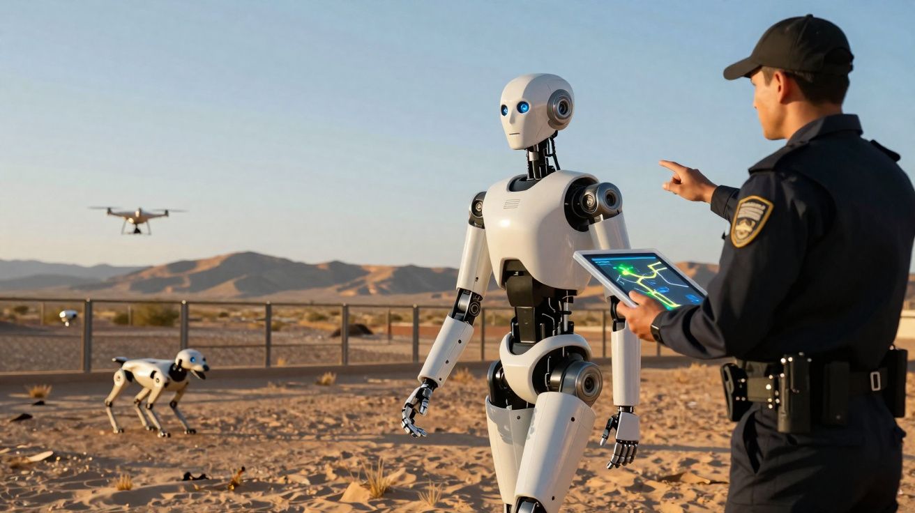 Agente de segurança com tablet orienta robô humanoide no deserto, com drone e robô cão ao fundo.