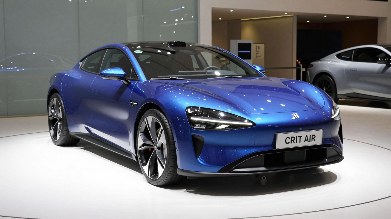 Carro desportivo elétrico azul com design futurista exposto em showroom iluminado.