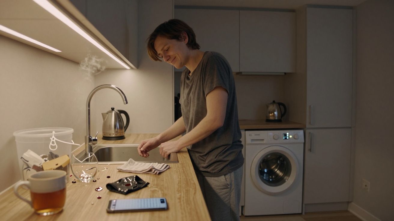 Pessoa a lavar as mãos na cozinha iluminada com chá, smartphone e utensílios na bancada de madeira.