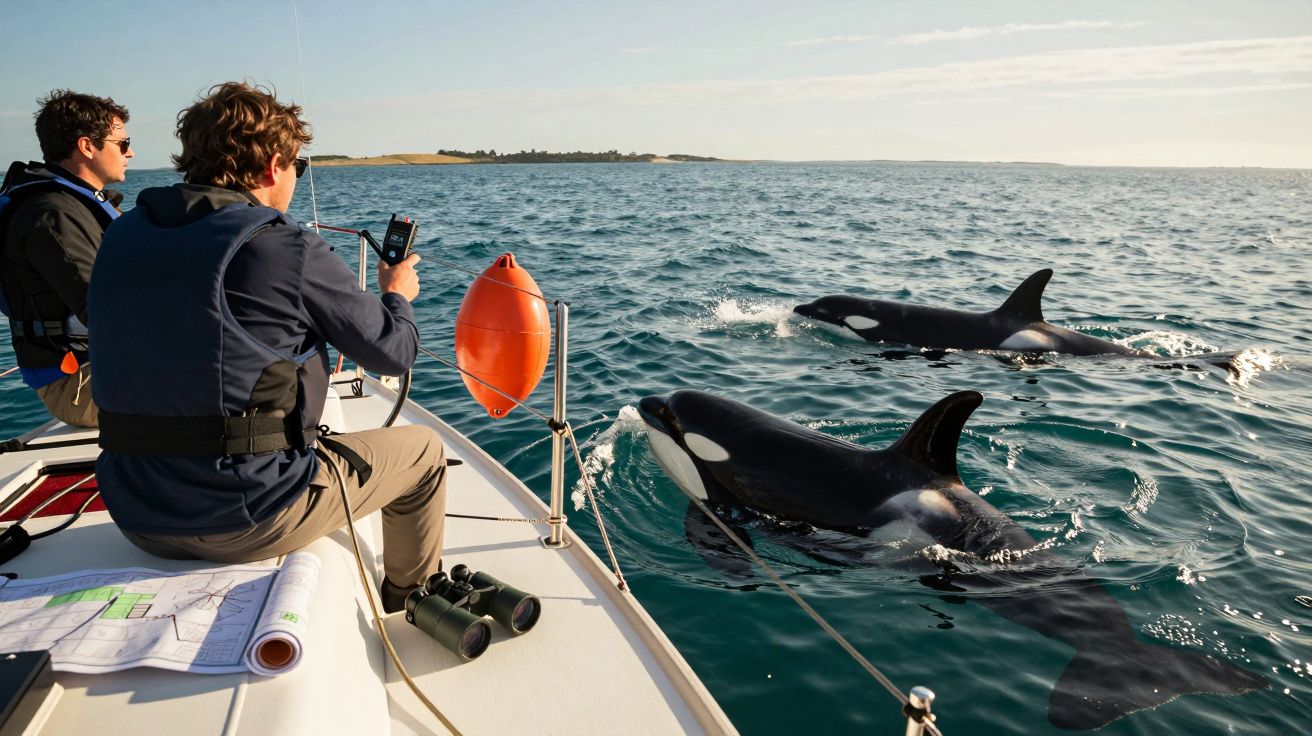 Duas pessoas num barco a observar e fotografar duas orcas a nadar perto da costa num mar calmo.