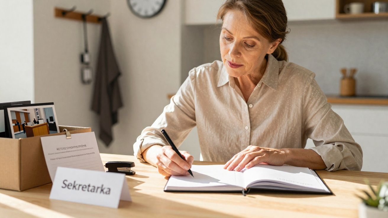Mulher concentrada a escrever num caderno numa secretária, com cartão identificativo "Sekretarka".