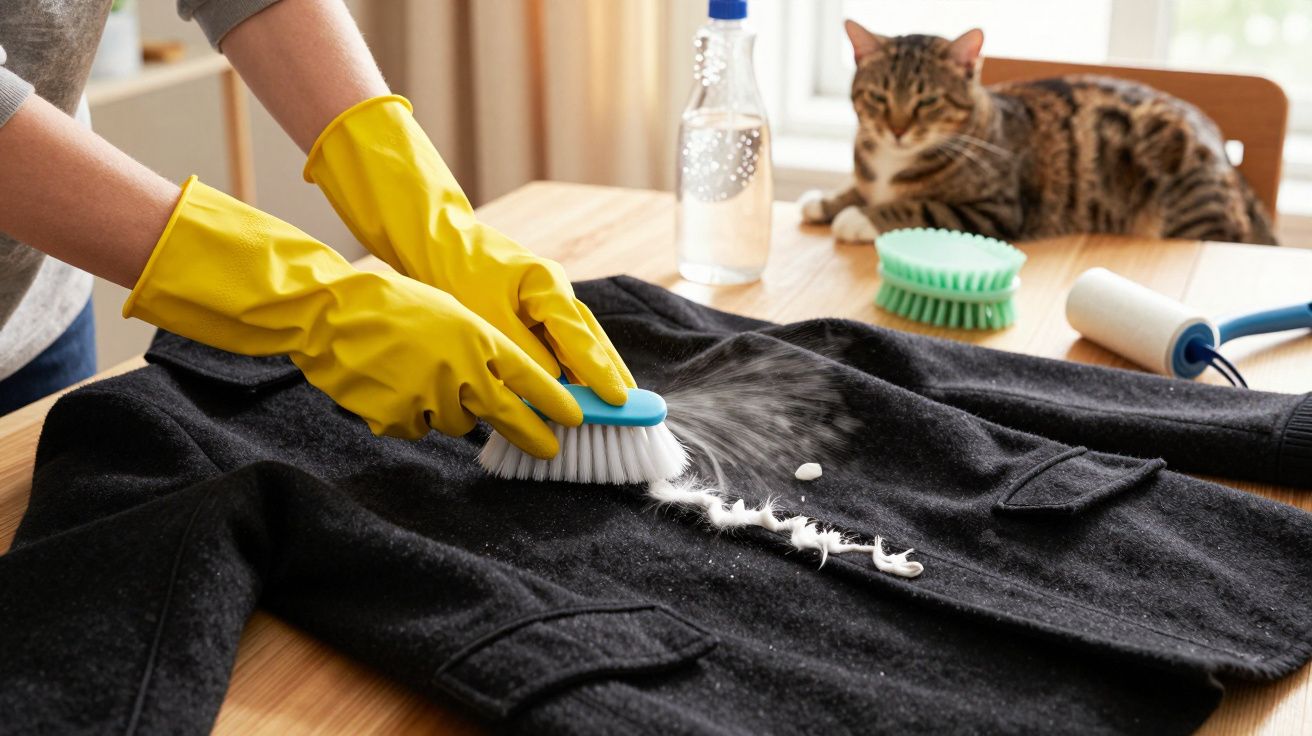 Pessoa com luvas amarelas a escovar casaco preto numa mesa com gato ao fundo.