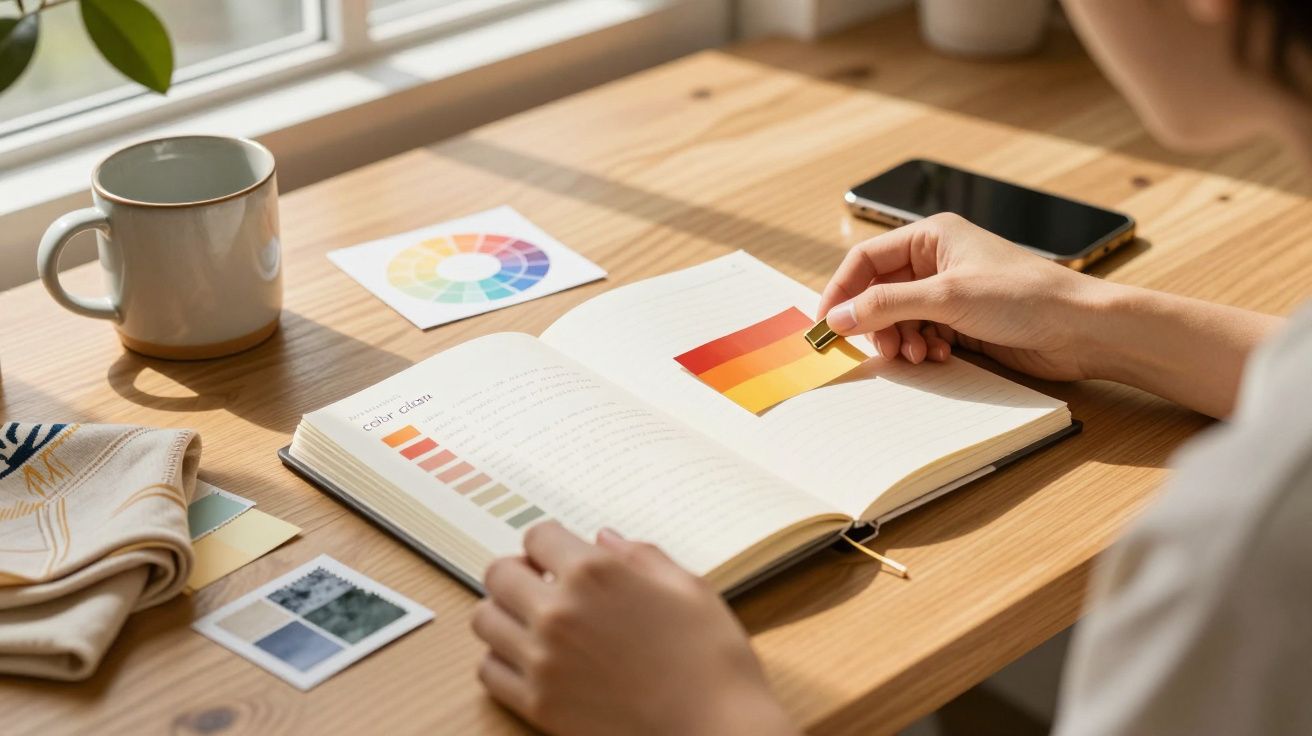 Pessoa a escolher amostras de cores num caderno aberto numa mesa com sombra natural.
