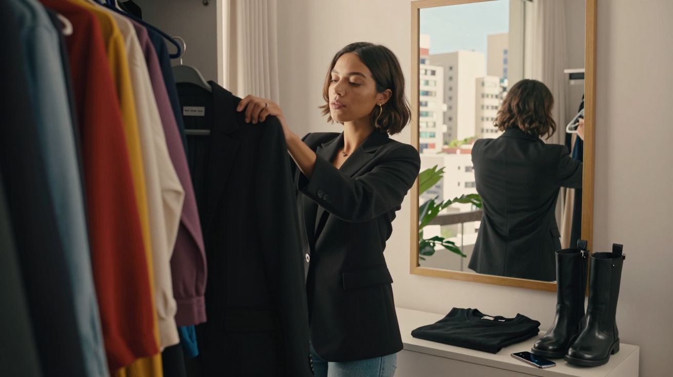Mulher a escolher um casaco preto num armário com várias roupas coloridas num quarto moderno.