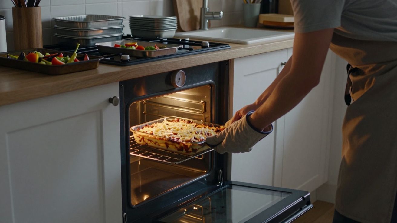 Pessoa a colocar uma tarteira com lasanha no forno numa cozinha moderna e iluminada.