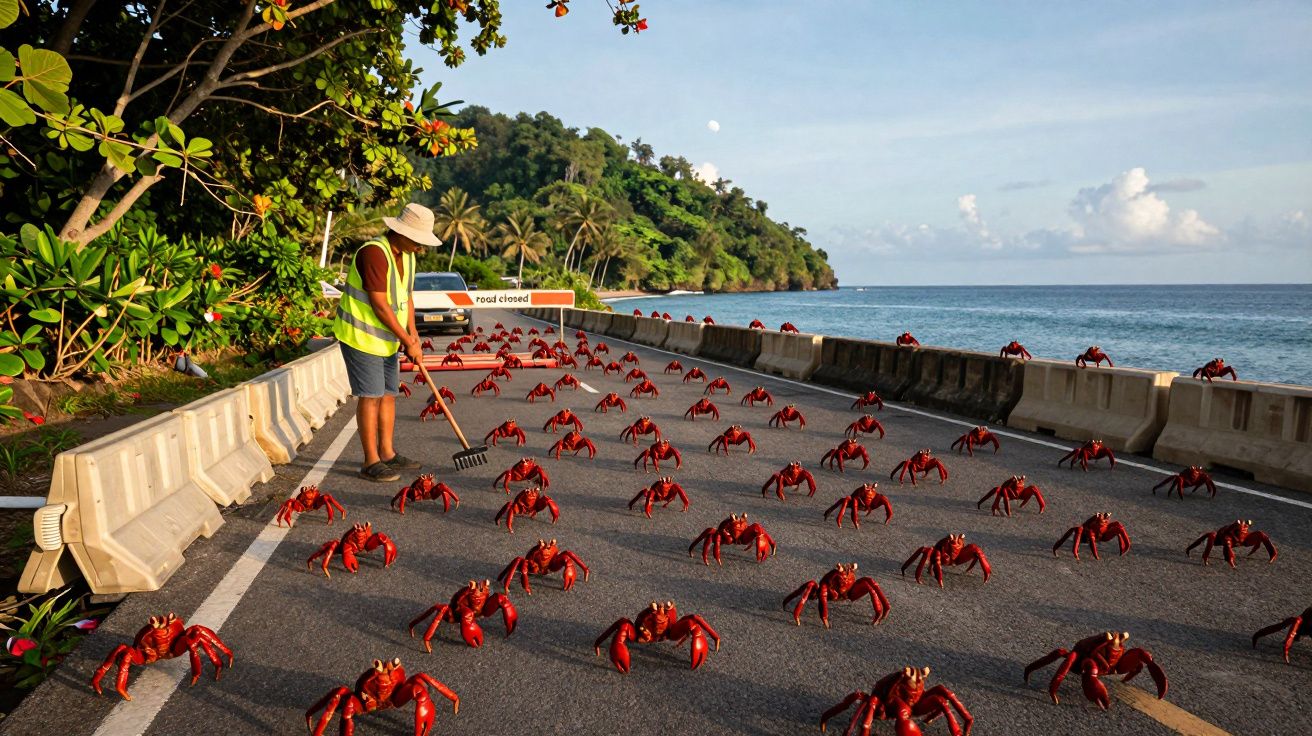 Homem com colete refletor e chapéu limpa estrada cheia de caranguejos vermelhos perto do mar.
