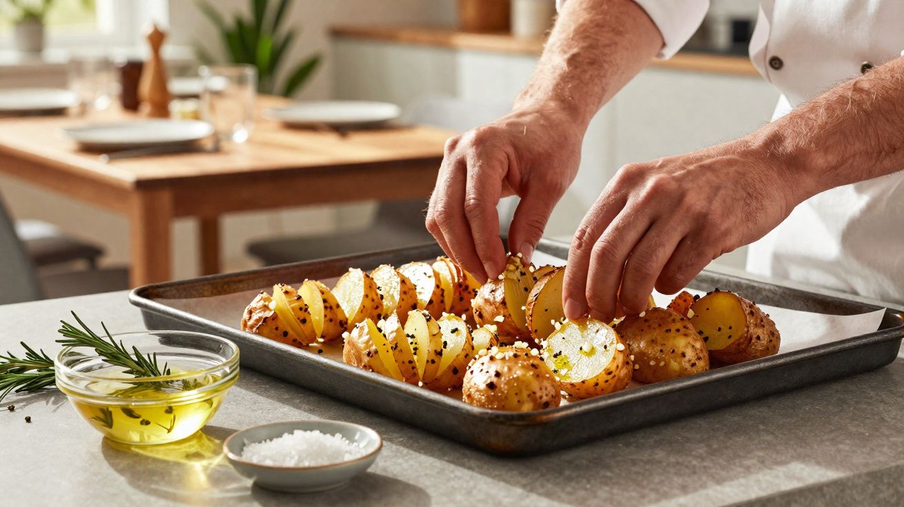 Mãos a temperar batatas assadas em tabuleiro com azeite, alecrim e sal na cozinha.