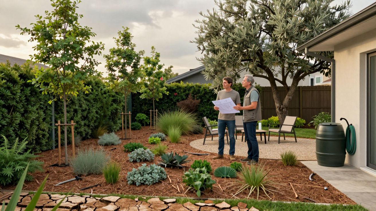 Dois homens analisam um projeto de jardim junto a plantas, árvores e móveis de exterior numa área residencial.