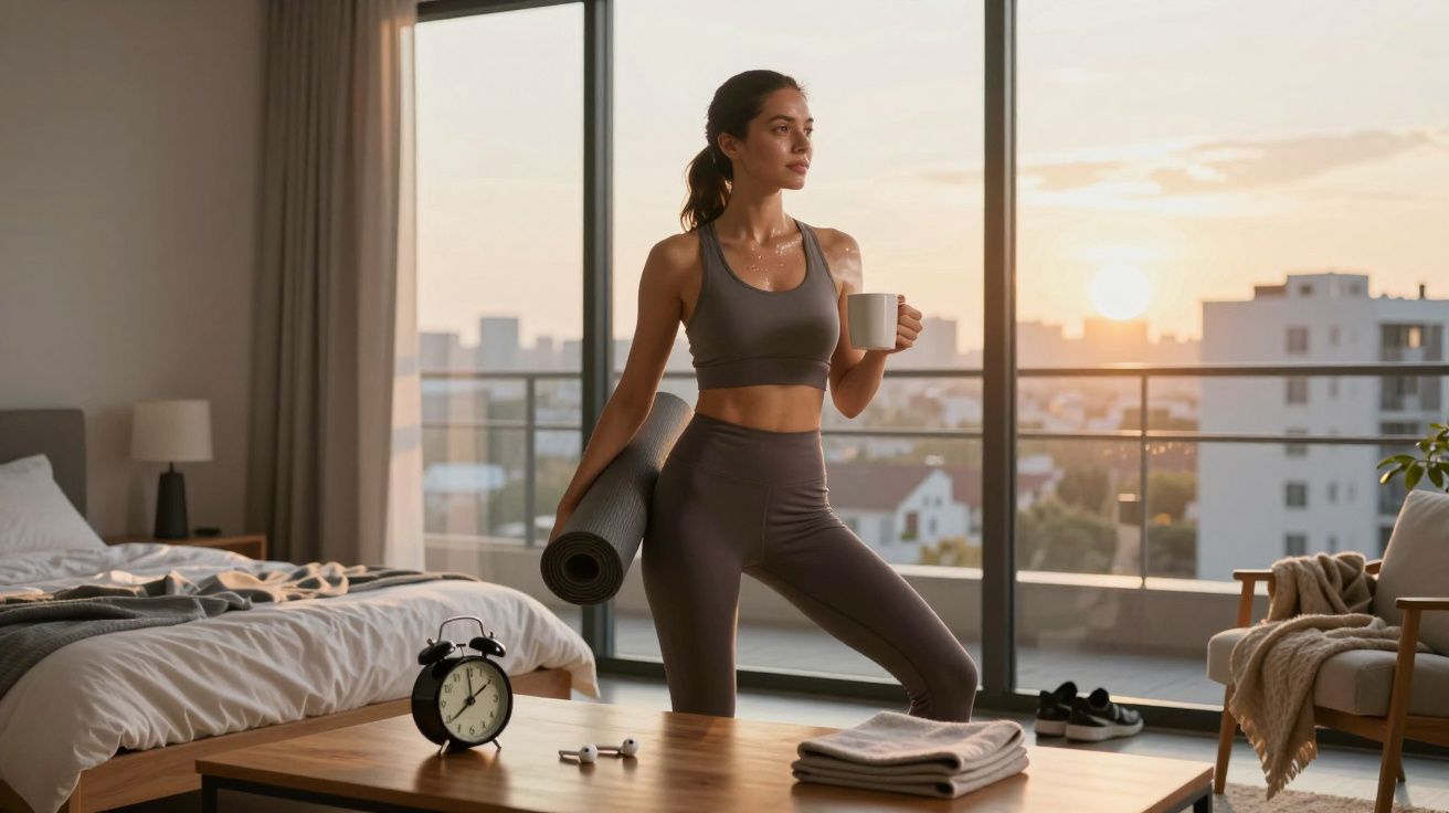 Mulher em roupa de desporto segura tapete de yoga e caneca, olhando pela janela ao nascer do sol.