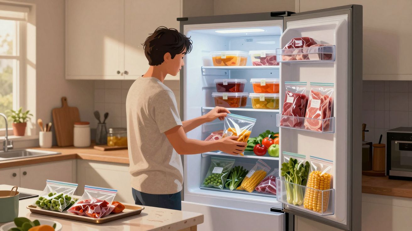Pessoa a guardar alimentos em sacos plásticos no frigorífico aberto numa cozinha moderna iluminada.
