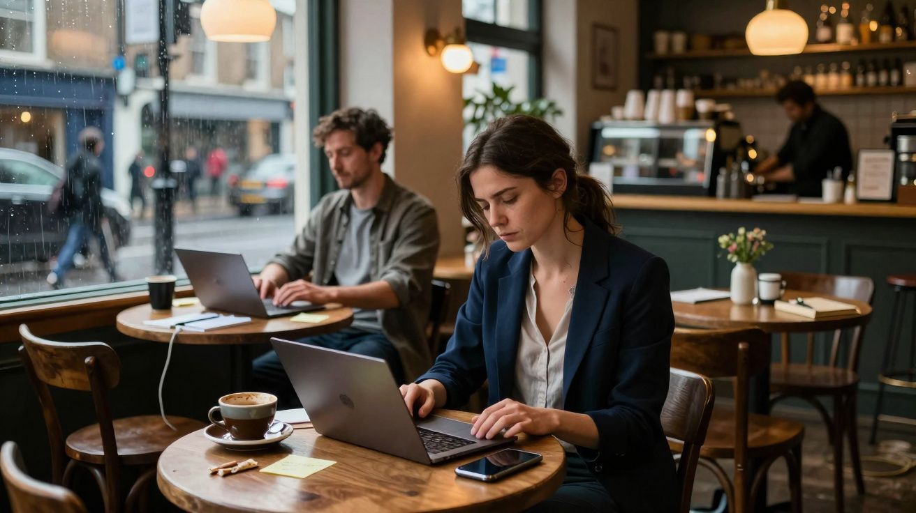 Duas pessoas a trabalhar em laptops num café aconchegante com janelas grandes durante um dia chuvoso.