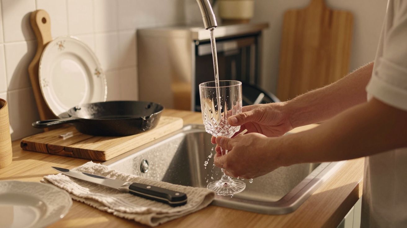 Pessoa a encher um copo de vidro com água numa cozinha com utensílios ao redor.