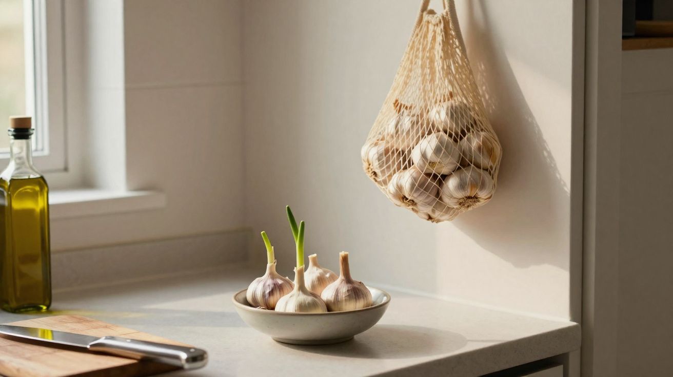 Alhos num recipiente e pendurados numa rede na cozinha com luz natural a incidir.