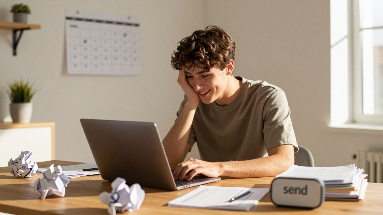 Jovem sorridente a trabalhar num portátil numa mesa com papéis amassados e calendário na parede.