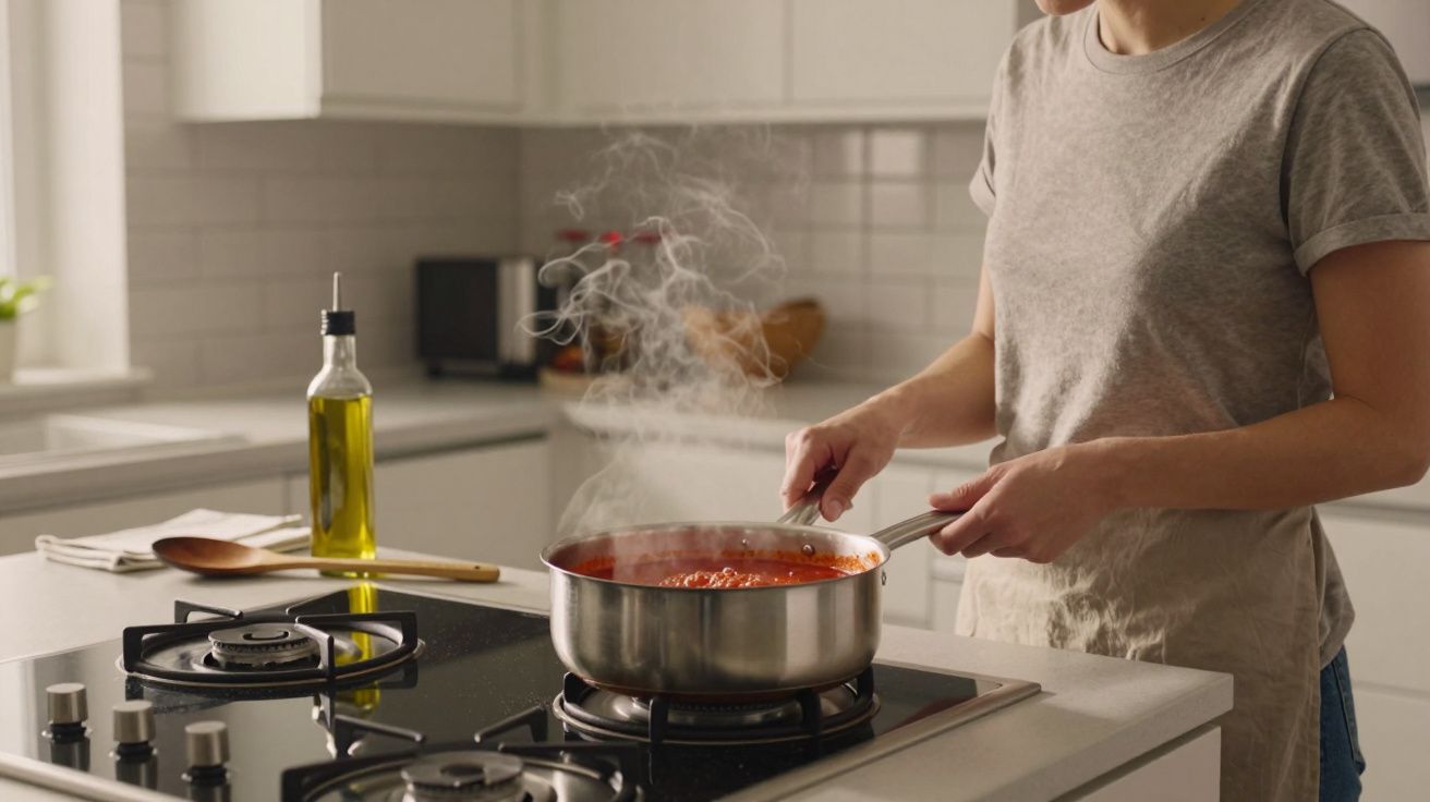 Pessoa a cozinhar molho vermelho numa panela em fogo de gás numa cozinha moderna e luminosa.