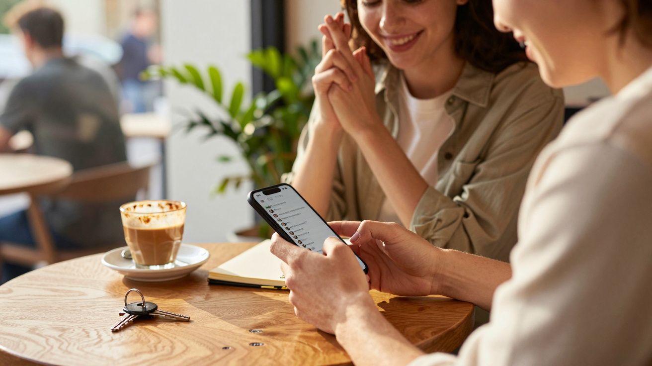 Duas pessoas sentadas à mesa num café, uma delas a mostrar algo no telemóvel, café e chaves na mesa.