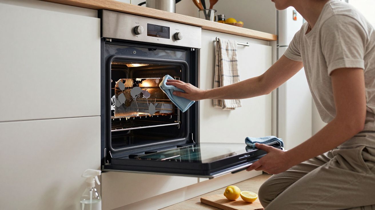 Pessoa limpa o interior do forno aberto numa cozinha moderna com um pano azul.
