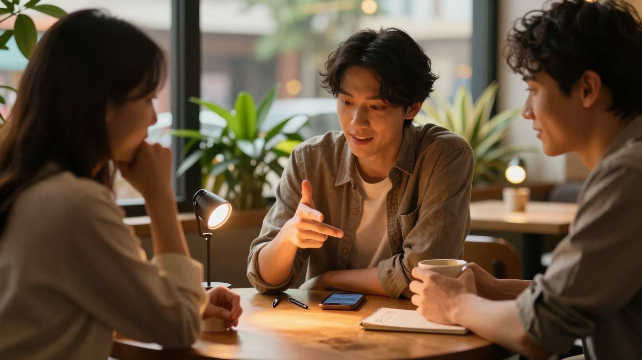 Três jovens sentados à mesa numa conversa informal, com plantas no fundo e uma luz quente.