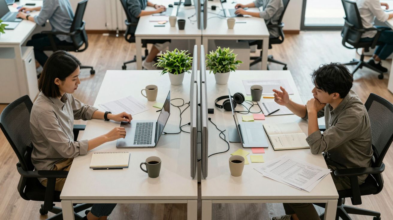 Espaço de escritório moderno com duas pessoas a trabalhar em secretárias opostas com computadores e documentos.