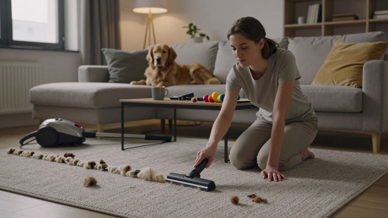 Mulher aspirando pelos alinhados num tapete, com cão Golden Retriever sentado no sofá atrás dela.